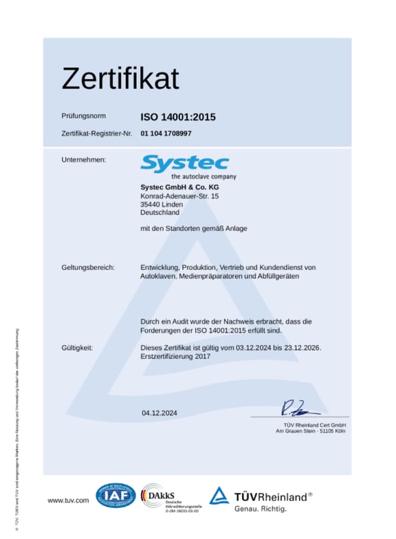 Certificado: Gestión medioambiental Systec según ISO 14001