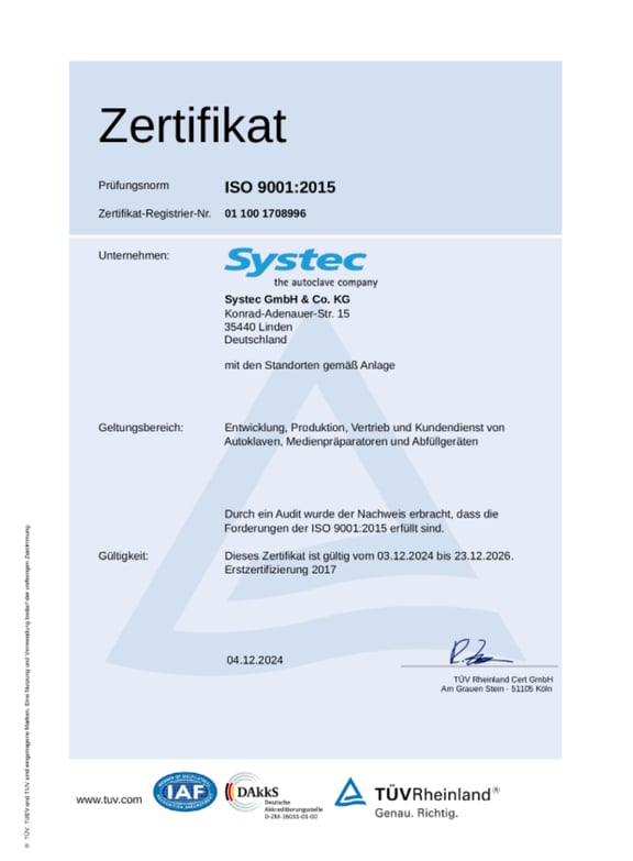 Certificado: Gestión de calidad Systec según ISO 9001